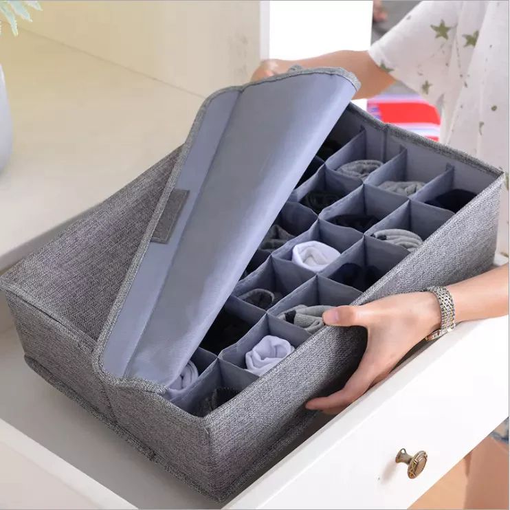 Socks Organizer | Drawer Organizer Divider Underwear Organizer, 24 Cell Collapsible Closet Cabinet Organizer Underwear Storage Boxes (Grey color)