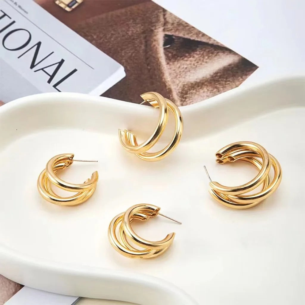 Punk Oval Hoop Earrings Metallic Geometric Ear Buckle Minimalist Style U-shaped Daily Life Earring Accessories For Women Round Piercing Jewelry Gift - Golden