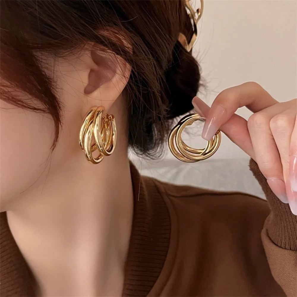 Punk Oval Hoop Earrings Metallic Geometric Ear Buckle Minimalist Style U-shaped Daily Life Earring Accessories For Women Round Piercing Jewelry Gift - Golden