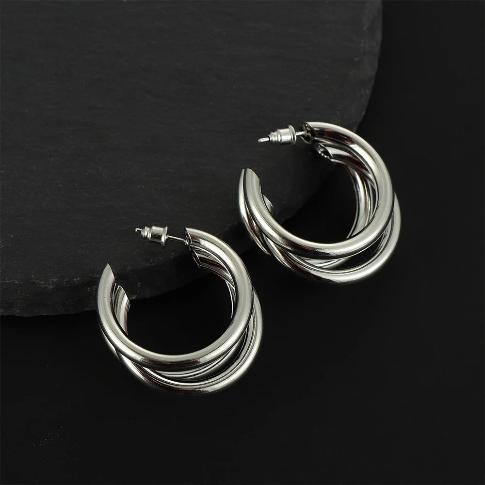 Punk Oval Hoop Earrings Metallic Geometric Ear Buckle Minimalist Style U-shaped Daily Life Earring Accessories For Women Round Piercing Jewelry Gift - Golden