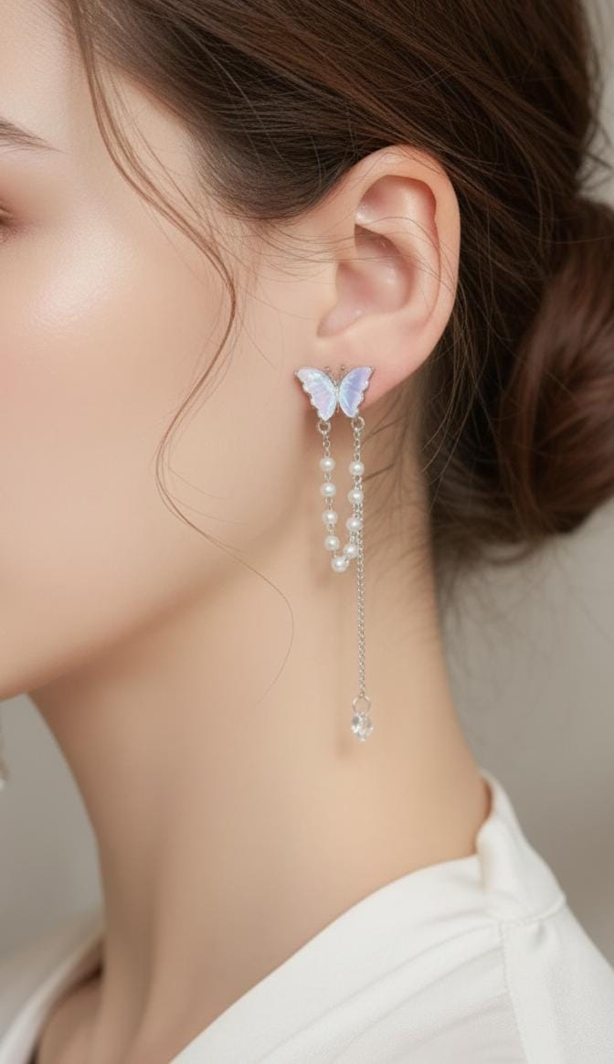Elegant Butterfly with Pearl Tassels Drop Earrings – Delicate, Feminine & Stylish Fashion Jewelry for Women & Girls