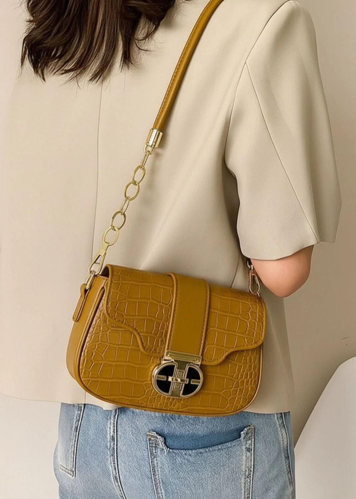 Structured Croc-Embossed Faux Leather Shoulder Bag with Gold-Tone Chain