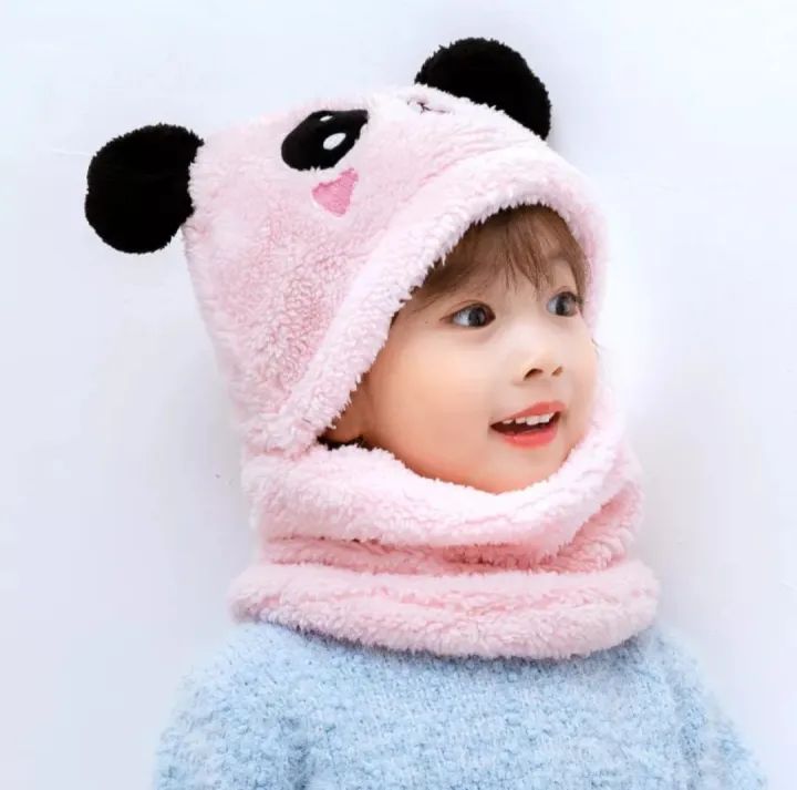 Girls Boys Winter Hat scarf One Piece Cute Warm Ear and neck Protection Winter Warm Fleece Cute Cartoon Panda Hats Windproof